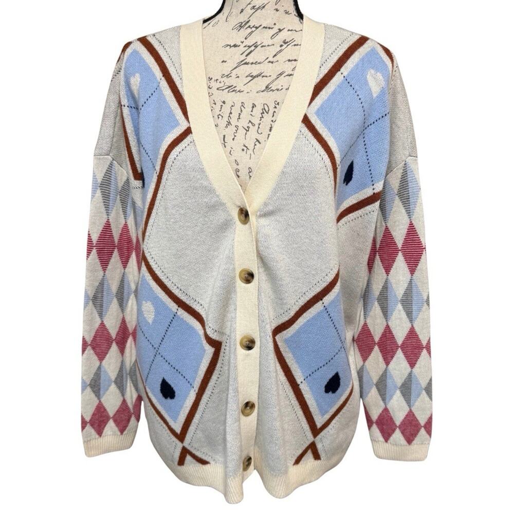 Maeve ARGYLE HARDWARE Button Cardigan Size M Cream Wool Blend V-neck Boxy NWT